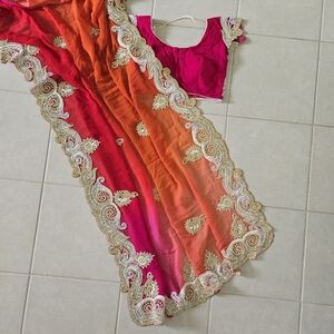 Modern Multi-color heavy Rhinestone saree Red Pink Orange C size M Party Wear